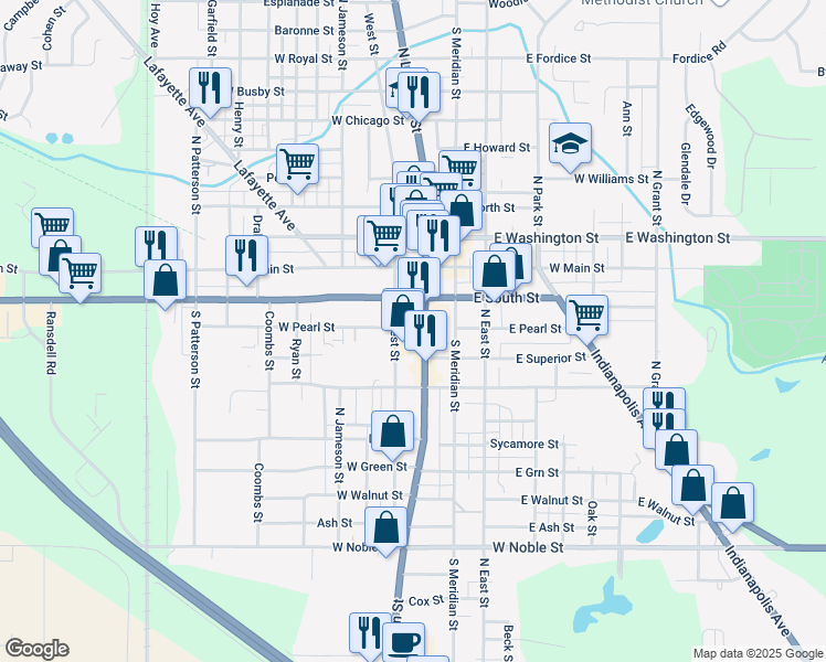 map of restaurants, bars, coffee shops, grocery stores, and more near 309 South Lebanon Street in Lebanon