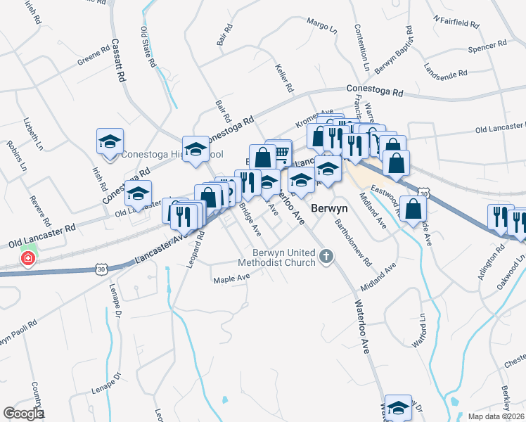 map of restaurants, bars, coffee shops, grocery stores, and more near 737 Berwyn Avenue in Berwyn