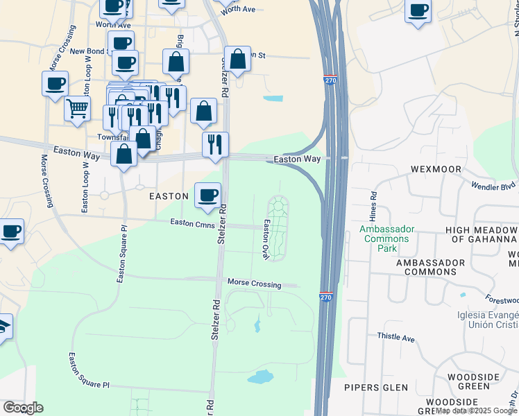 map of restaurants, bars, coffee shops, grocery stores, and more near 1 Easton Oval in Columbus