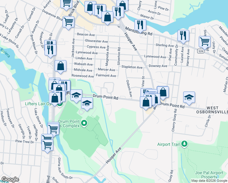map of restaurants, bars, coffee shops, grocery stores, and more near 100 Drum Point Road in Brick Township