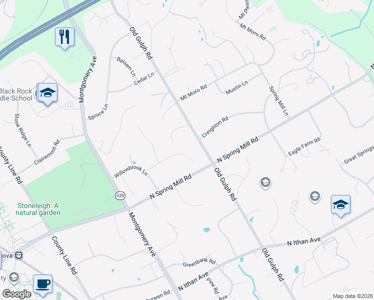 map of restaurants, bars, coffee shops, grocery stores, and more near 544 Oriole Road in Villanova