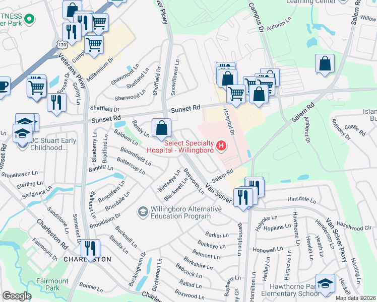 map of restaurants, bars, coffee shops, grocery stores, and more near 34 Bolton Lane in Willingboro