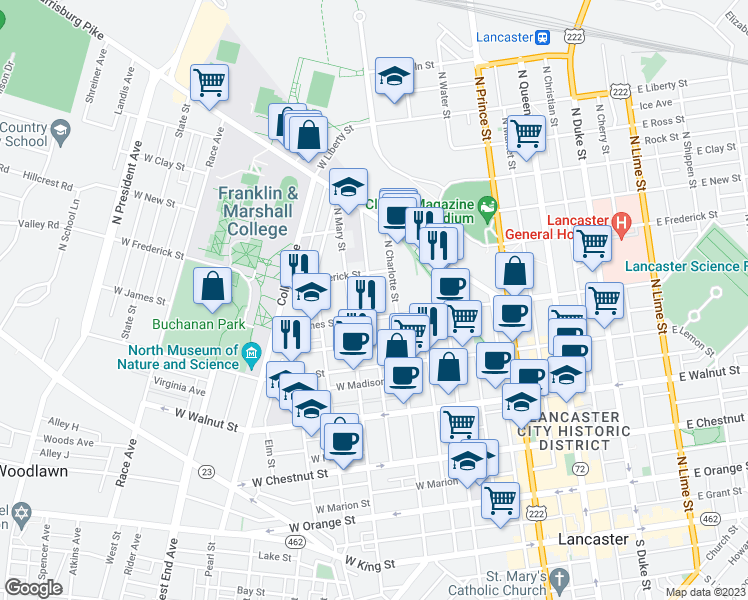 map of restaurants, bars, coffee shops, grocery stores, and more near 515 Lancaster Avenue in Lancaster
