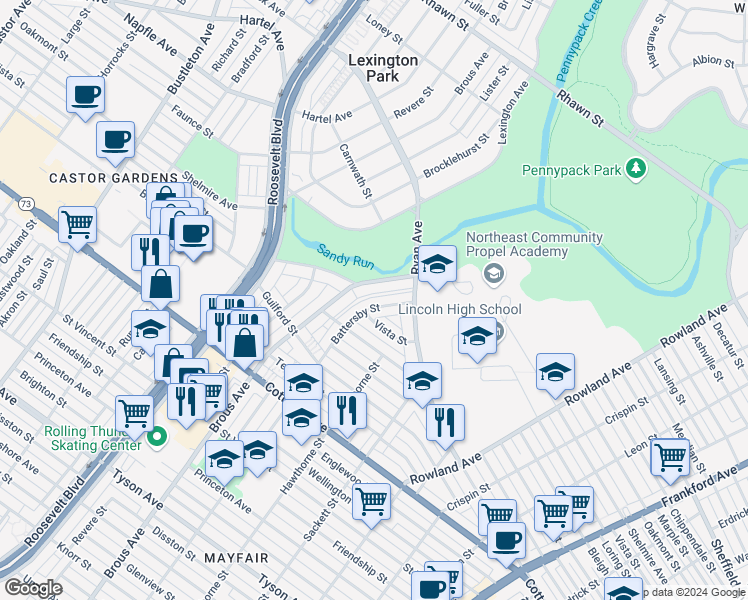 map of restaurants, bars, coffee shops, grocery stores, and more near 7534 Battersby Street in Philadelphia