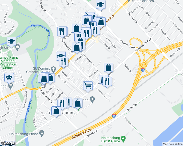 map of restaurants, bars, coffee shops, grocery stores, and more near 8732 Ditman Street in Philadelphia