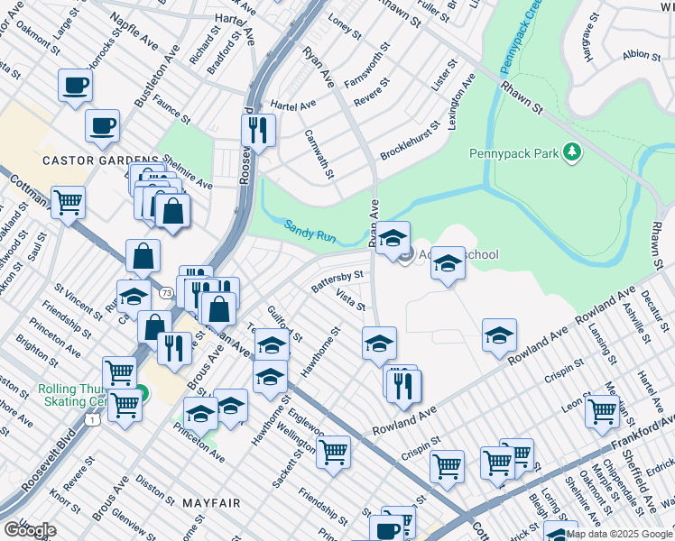 map of restaurants, bars, coffee shops, grocery stores, and more near 7536 Battersby Street in Philadelphia