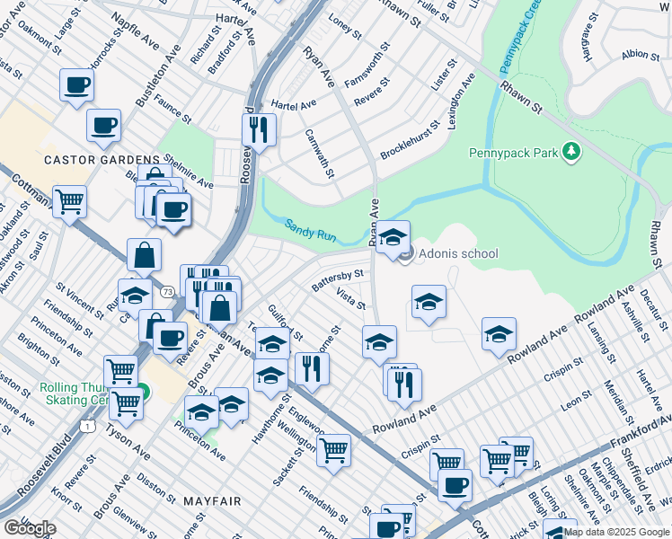 map of restaurants, bars, coffee shops, grocery stores, and more near 7534 Battersby Street in Philadelphia