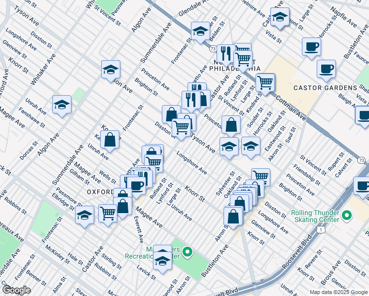 map of restaurants, bars, coffee shops, grocery stores, and more near 6916 Rutland Street in Philadelphia