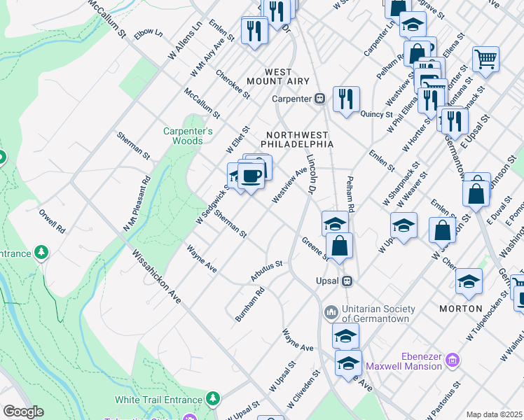 map of restaurants, bars, coffee shops, grocery stores, and more near 6804 Greene St in Philadelphia