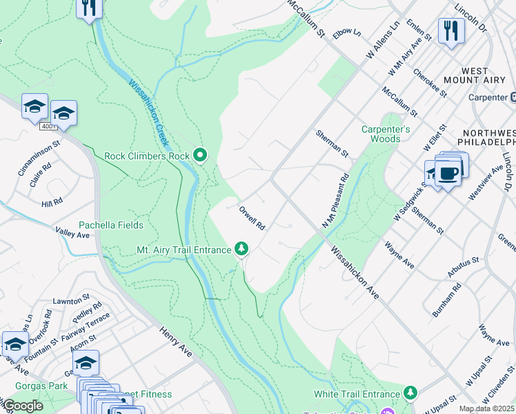 map of restaurants, bars, coffee shops, grocery stores, and more near 7250 Orwell Road in Philadelphia
