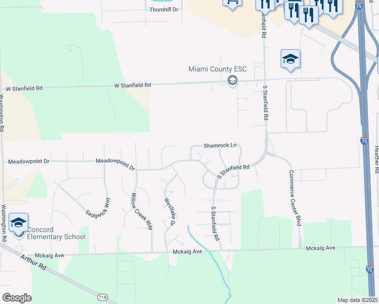 map of restaurants, bars, coffee shops, grocery stores, and more near 2299 Shamrock Lane in Troy