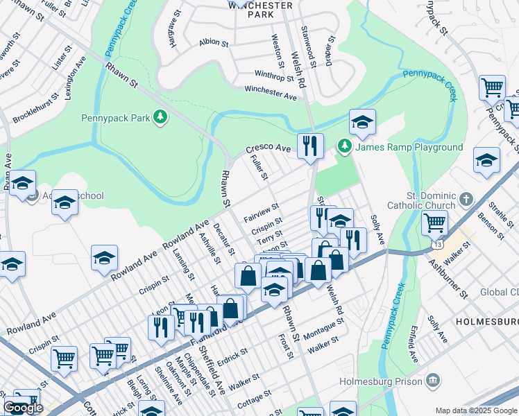map of restaurants, bars, coffee shops, grocery stores, and more near 8022 Fairview Street in Philadelphia