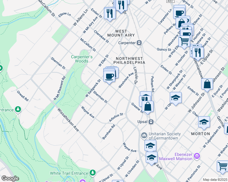 map of restaurants, bars, coffee shops, grocery stores, and more near 6804 Greene St in Philadelphia