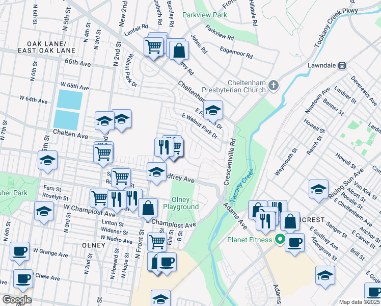 map of restaurants, bars, coffee shops, grocery stores, and more near 6302 Foxhill Road in Philadelphia