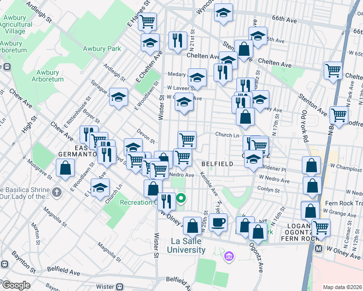 map of restaurants, bars, coffee shops, grocery stores, and more near 2106 Church Lane in Philadelphia