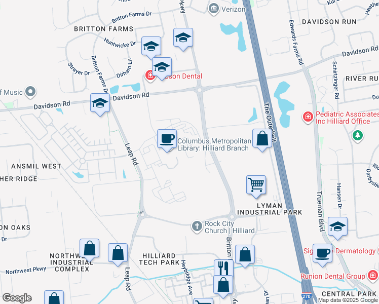 map of restaurants, bars, coffee shops, grocery stores, and more near 4522 Hickory Chase Way in Hilliard