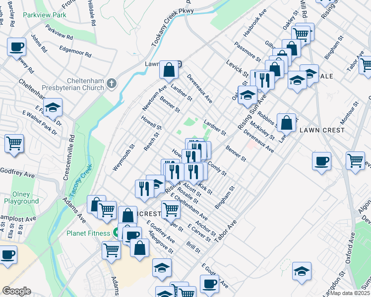 map of restaurants, bars, coffee shops, grocery stores, and more near 452 E Comly St in Philadelphia
