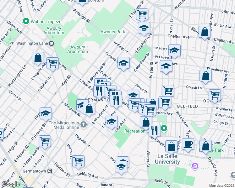 map of restaurants, bars, coffee shops, grocery stores, and more near 856 East Woodlawn Avenue in Philadelphia