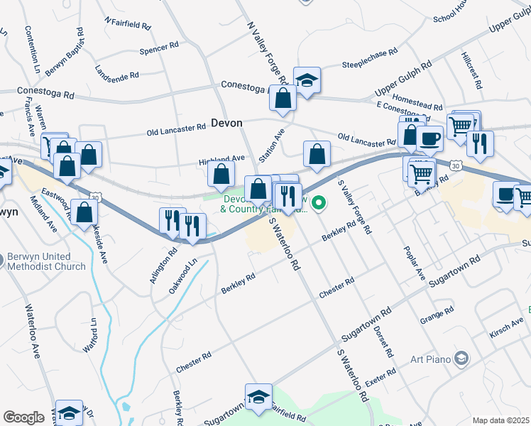 map of restaurants, bars, coffee shops, grocery stores, and more near in Devon