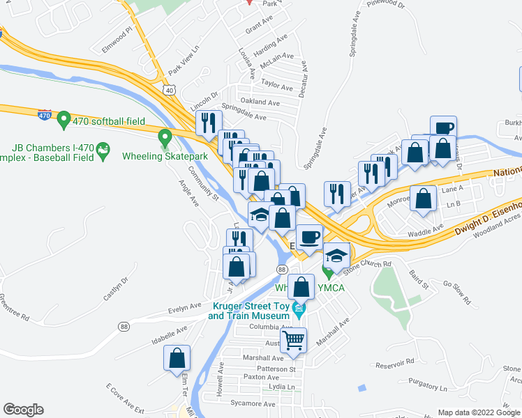 map of restaurants, bars, coffee shops, grocery stores, and more near 2167 National Road in Wheeling