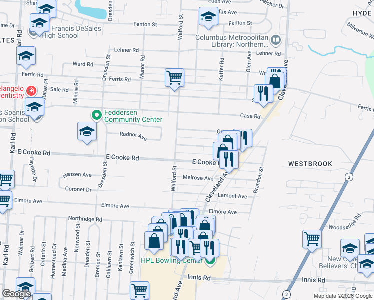 map of restaurants, bars, coffee shops, grocery stores, and more near 2002 East Cooke Road in Columbus