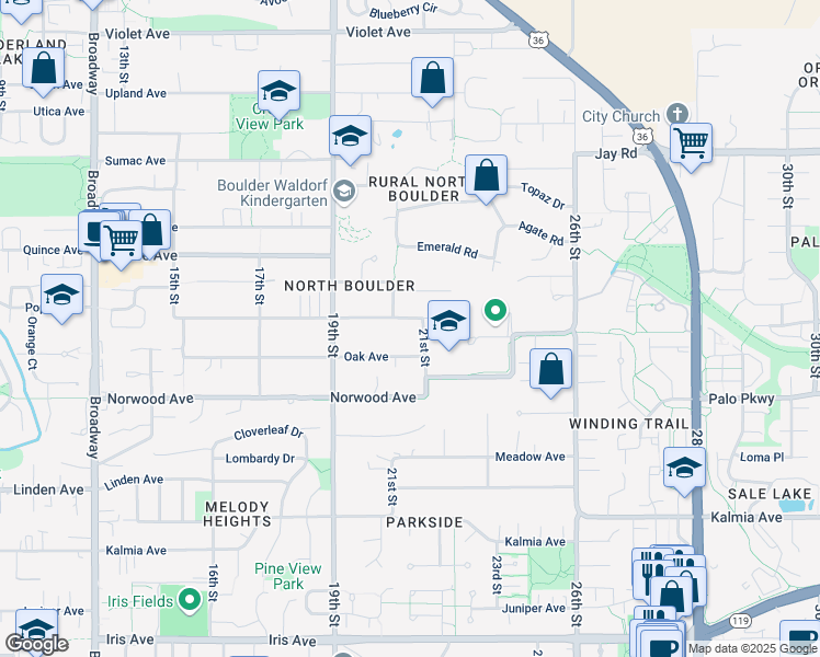 map of restaurants, bars, coffee shops, grocery stores, and more near 2080 Orchard Avenue in Boulder
