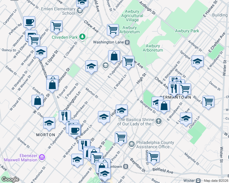 map of restaurants, bars, coffee shops, grocery stores, and more near 6101 Gardenia Street in Philadelphia