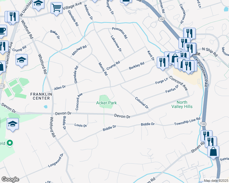 map of restaurants, bars, coffee shops, grocery stores, and more near 302 Morris Road in Exton