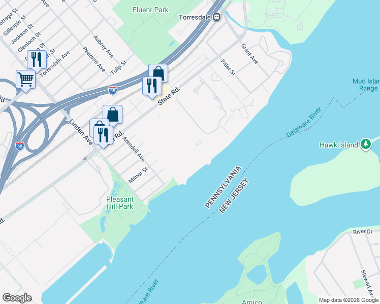 map of restaurants, bars, coffee shops, grocery stores, and more near 53203 Delaire Landing Road in Philadelphia