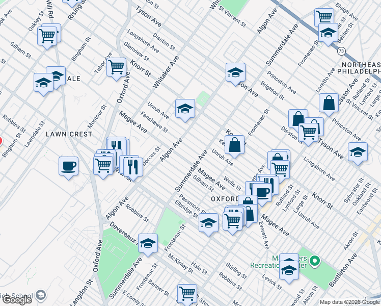 map of restaurants, bars, coffee shops, grocery stores, and more near 1129 Magee Avenue in Philadelphia