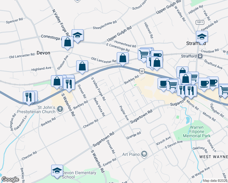 map of restaurants, bars, coffee shops, grocery stores, and more near 345 Oxer Court in Devon