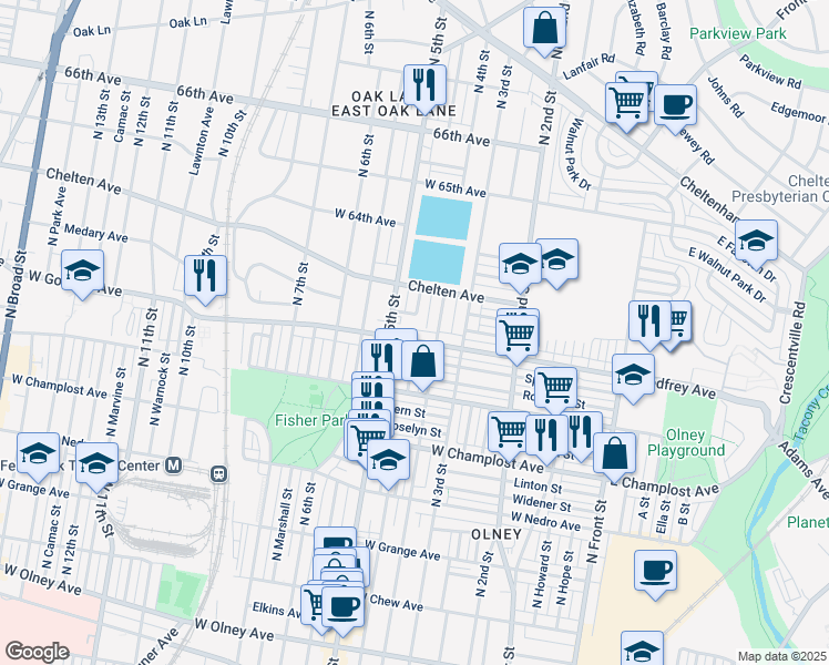 map of restaurants, bars, coffee shops, grocery stores, and more near 431 West Godfrey Avenue in Philadelphia