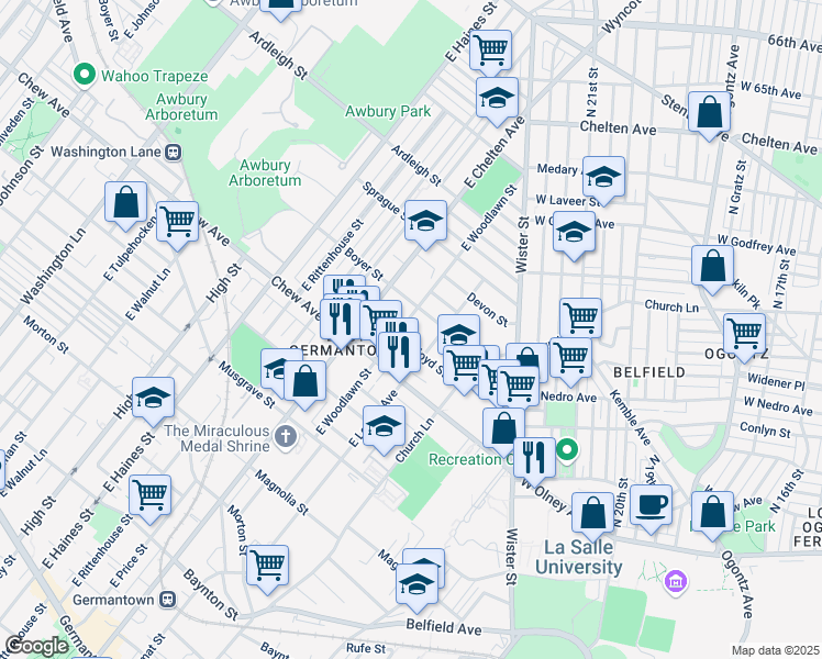map of restaurants, bars, coffee shops, grocery stores, and more near 845 East Locust Avenue in Philadelphia