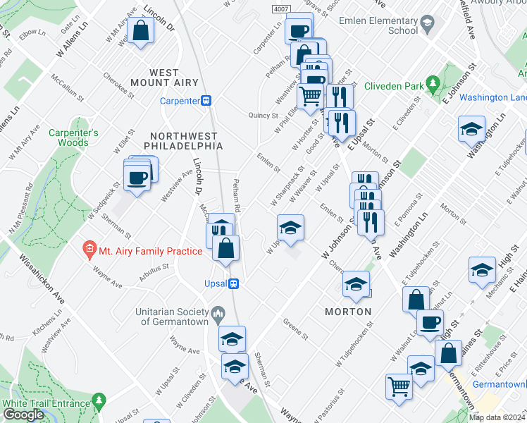 map of restaurants, bars, coffee shops, grocery stores, and more near 6532 Cherokee Street in Philadelphia