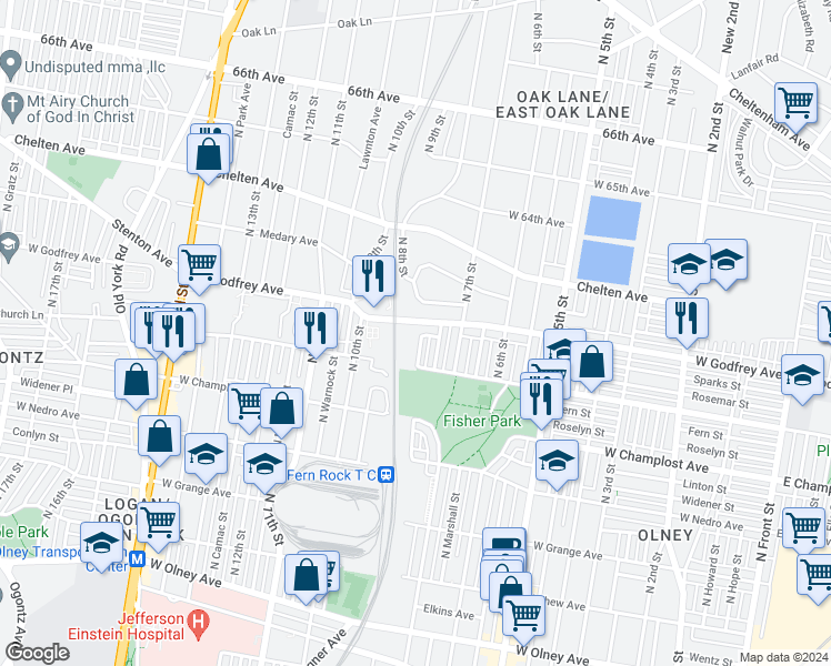 map of restaurants, bars, coffee shops, grocery stores, and more near 6142 North 8th Street in Philadelphia