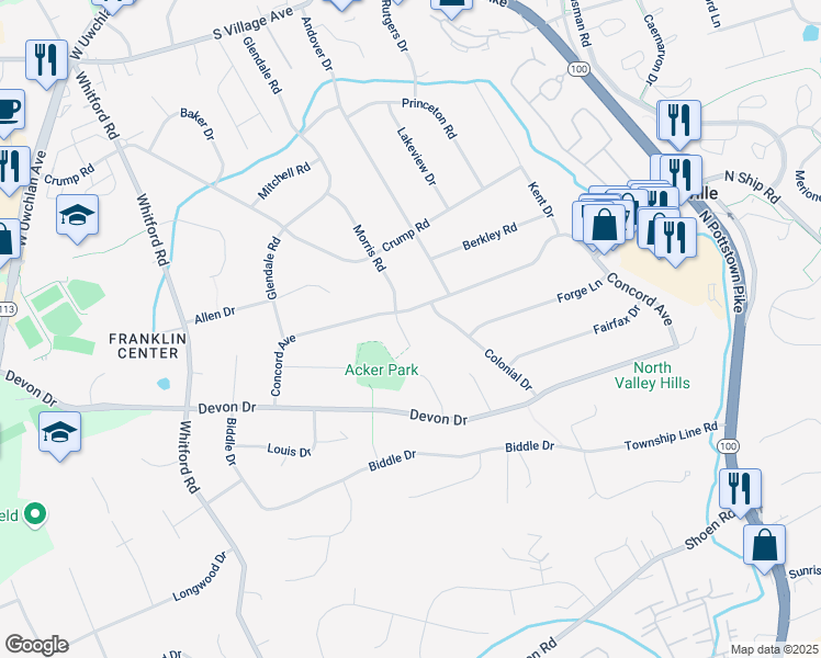 map of restaurants, bars, coffee shops, grocery stores, and more near 302 Morris Road in Exton
