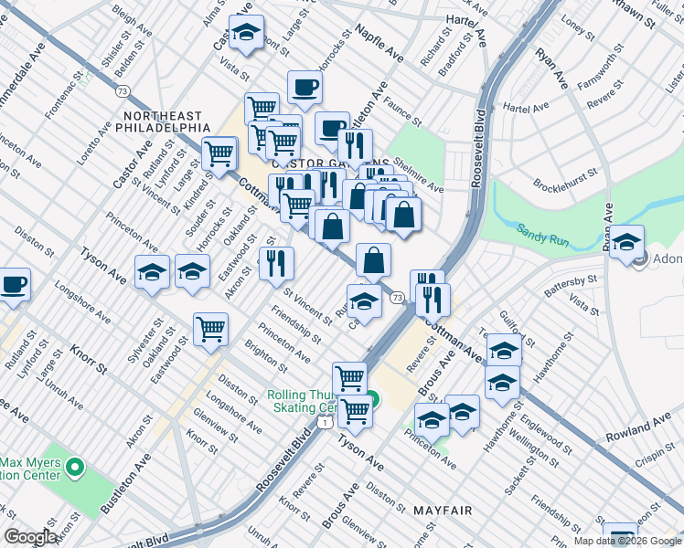 map of restaurants, bars, coffee shops, grocery stores, and more near 7266 Rupert Street in Philadelphia