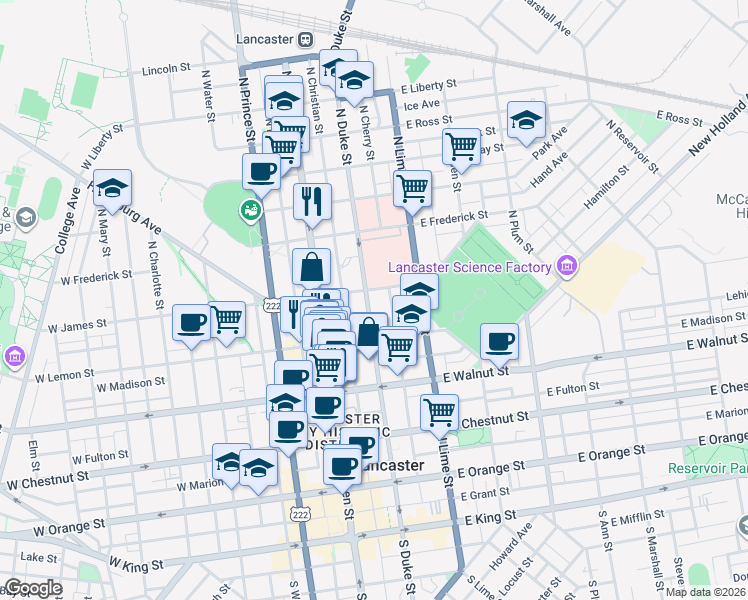 map of restaurants, bars, coffee shops, grocery stores, and more near 430 North Duke Street in Lancaster