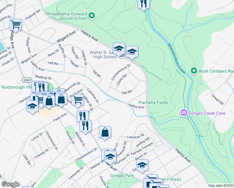 map of restaurants, bars, coffee shops, grocery stores, and more near 7025 Valley Avenue in Philadelphia