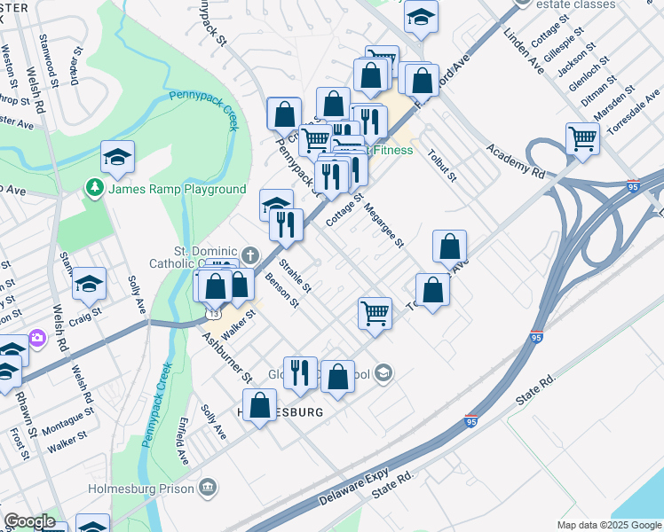 map of restaurants, bars, coffee shops, grocery stores, and more near 8648 Jackson Street in Philadelphia