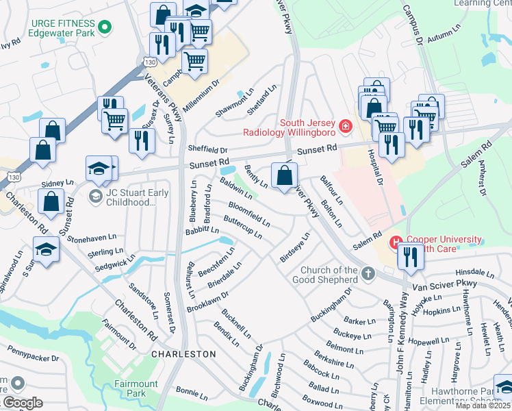 map of restaurants, bars, coffee shops, grocery stores, and more near 41 Bloomfield Lane in Willingboro