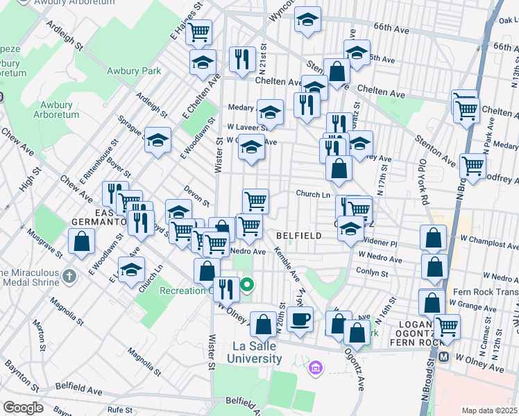 map of restaurants, bars, coffee shops, grocery stores, and more near 2070 Church Lane in Philadelphia