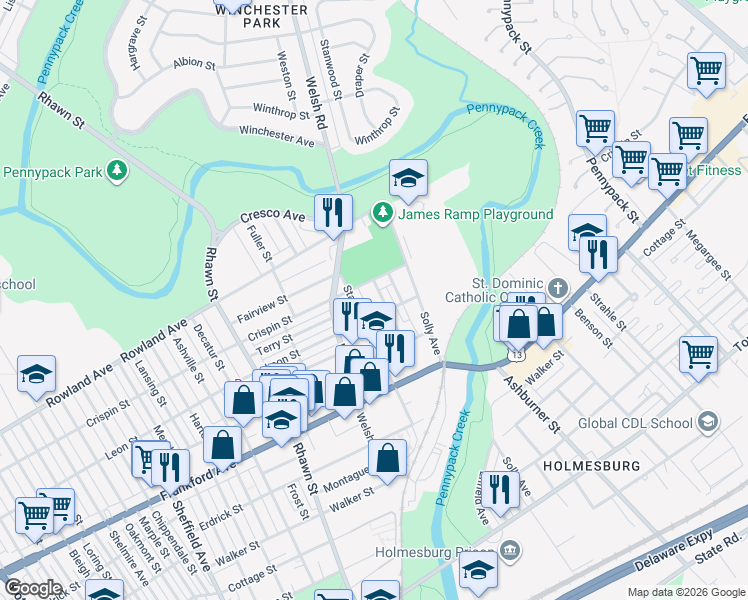 map of restaurants, bars, coffee shops, grocery stores, and more near 3422 Stanwood Street in Philadelphia