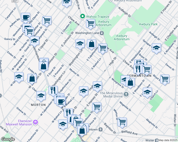 map of restaurants, bars, coffee shops, grocery stores, and more near 6100 Magnolia Street in Philadelphia
