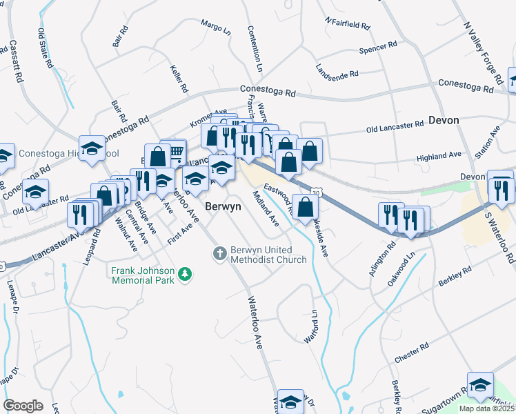 map of restaurants, bars, coffee shops, grocery stores, and more near 36 Midland Avenue in Berwyn