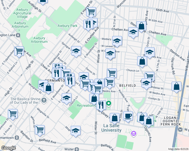 map of restaurants, bars, coffee shops, grocery stores, and more near 917R Church Lane in Philadelphia