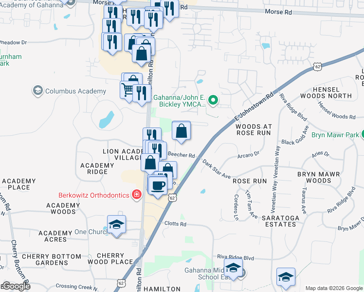 map of restaurants, bars, coffee shops, grocery stores, and more near 1050 Beecher Crossing North in Columbus