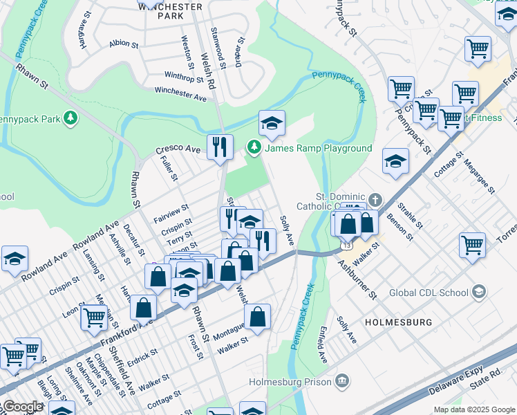 map of restaurants, bars, coffee shops, grocery stores, and more near 3427 Arthur Street in Philadelphia