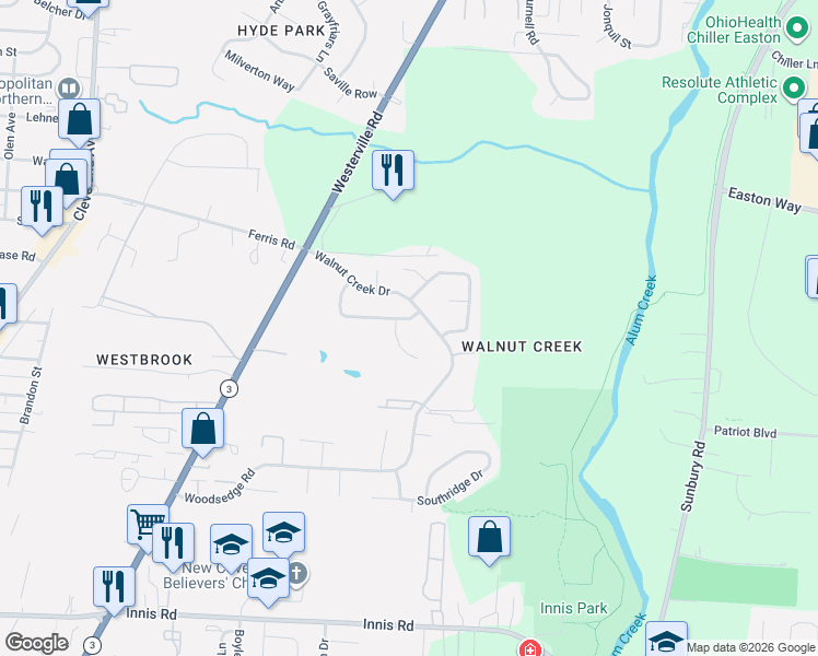 map of restaurants, bars, coffee shops, grocery stores, and more near 3690 Woodcutter Lane in Columbus