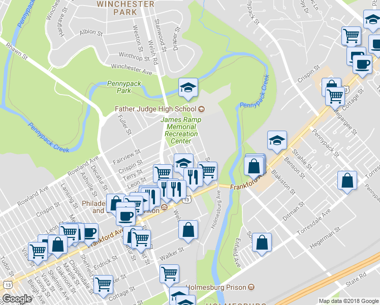 map of restaurants, bars, coffee shops, grocery stores, and more near 3427 Arthur Street in Philadelphia
